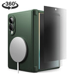 [Bundle] Galaxy Z Fold 8 | Onyx Flap Magnetic (GRN) + Privacy Protectors - Dark green protective phone case with a built-in MagSafe ring, shown alongside a clear screen protector and a black circular 360-degree rotation graphic on a white background.
