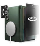 [Bundle] Galaxy Z Fold 8 | Onyx Flap Magnetic (GRN) + Privacy & Camera Protectors - A dark green textured phone case shown on a white background, with a black camera lens protector sticker on the left and a clear screen protector overlay on the right labeled '360°'.