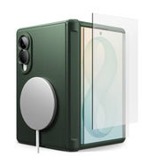 Galaxy Z Fold 8 Case | Onyx Flap Magnetic + Screen Protectors (2P) - A dark green protective phone case with a built-in circular MagSafe holder, shown next to a transparent screen protector on a white background.