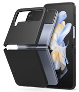 Galaxy Z Flip 4 Case | Slim - Matte black two-piece protective case hovering over a folded Samsung Galaxy Z Flip 4.
