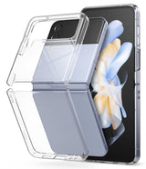Galaxy Z Flip 4 Case | Slim - Clear two-piece protective case shown hovering over a lavender Samsung Galaxy Z Flip 4.