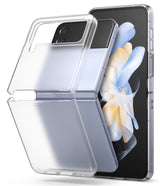 Galaxy Z Flip 4 Case | Slim - A clear, two-piece protective case hovering over a light blue Samsung Galaxy Z Flip 4.
