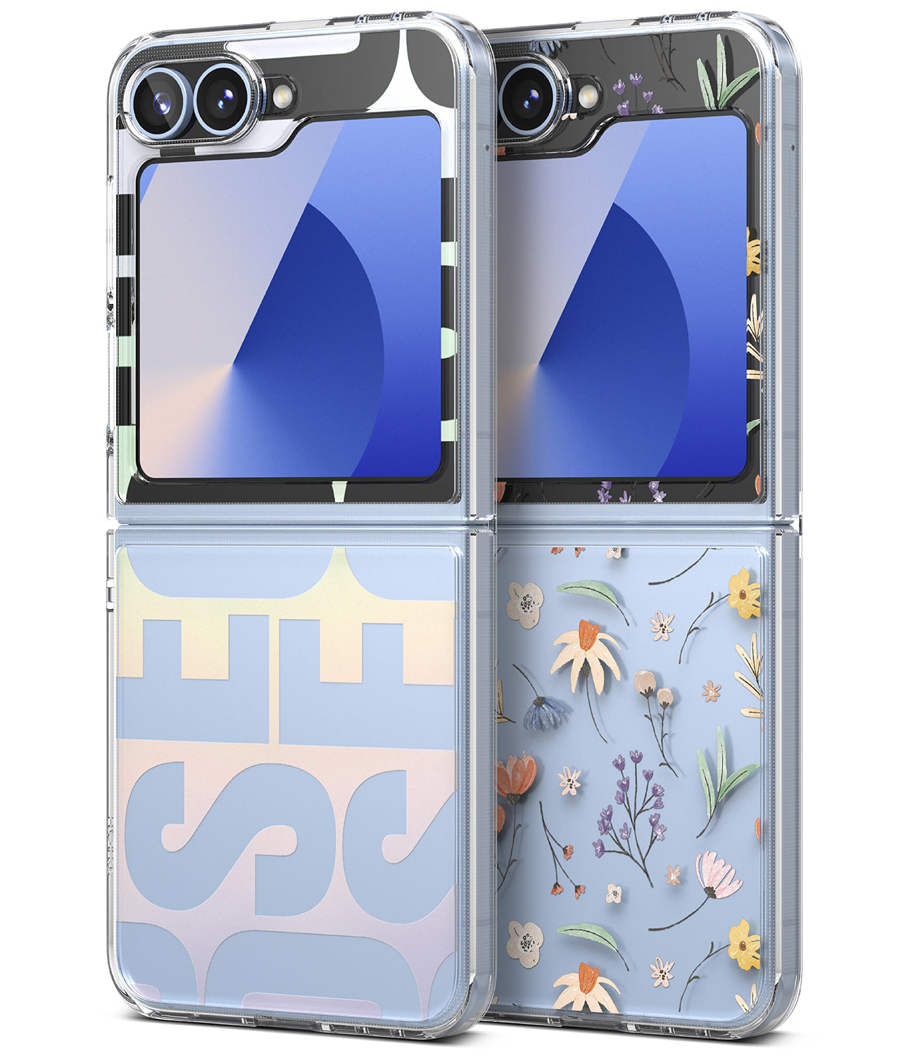 Galaxy Z Flip 6 Case | Fusion Design - Clear floral phone case standing next to a blue Galaxy Z Flip 6 among glass spheres.