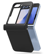 Galaxy Z Flip 7 FE Case | Slim Hinge - A black protective case with a hinge cover on a partially folded light blue phone.