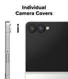 [Bundle] Galaxy Z Flip 7 Case | Slim Magnetic - Individual camera lens covers shown floating next to a phone.