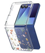 Galaxy Z Flip 7 Case | Fusion Design - Clear floral case partially installed on a folded blue Samsung Galaxy Z Flip 7.