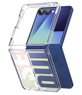 Galaxy Z Flip 7 Case | Fusion Design - Clear protective case with graphic overlay on a folded blue Samsung phone.