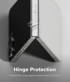 [Bundle] Galaxy Z Flip 7 Clear | Fusion - Bundle Galaxy Z Flip 7 Clear | Fusion - Transparent protective film being applied to the hinge of a folded phone.