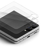 Galaxy Z Flip 8 Screen Protector | Cover Display Tempered Glass Pro (2 Pack) - Two clear tempered glass screen protectors shown partially covering a silver smartphone with a black screen, photographed on a clean white background.