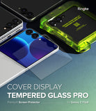 Galaxy Z Flip 8 Screen Protector | Cover Display Tempered Glass Pro (2 Pack) -Ringke cover display tempered glass pro screen protector shown over a smartphone, with other phones and a translucent green case in the background. Text at the bottom reads 'COVER DISPLAY TEMPERED GLASS PRO' and 'Premium Screen Protector for Galaxy Z Flip8'.