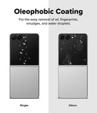Galaxy Z Flip 8 Screen Protector | Cover Display Tempered Glass Pro (2 Pack) - A promotional comparison graphic for oleophobic coating on a foldable phone. The image shows two views of the same silver-and-black foldable phone on a light gray background, with text at the top reading 'Oleophobic Coating' and smaller explanatory copy.