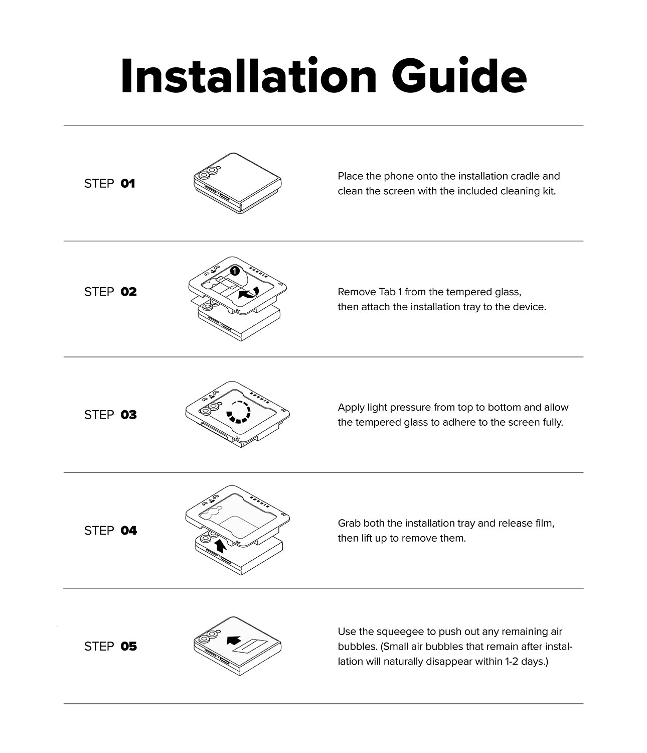 Galaxy Z Flip 8 Screen Protector | Cover Display Tempered Glass Pro (2 Pack) - An installation guide sheet with five numbered steps, each accompanied by a small line drawing of a phone and instructions on how to place, remove the tab, apply pressure to the tempered glass, remove the tray, and push out air bubbles.