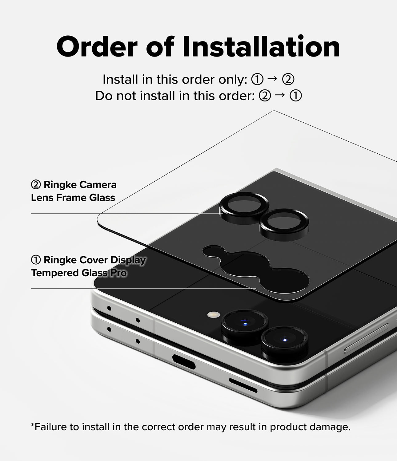 Galaxy Z Flip 8 Screen Protector | Cover Display Tempered Glass Pro (2 Pack) - Instruction graphic showing the correct order of installation for a smartphone screen protector and camera lens accessories, with labeled steps and a phone illustration on a light gray background.