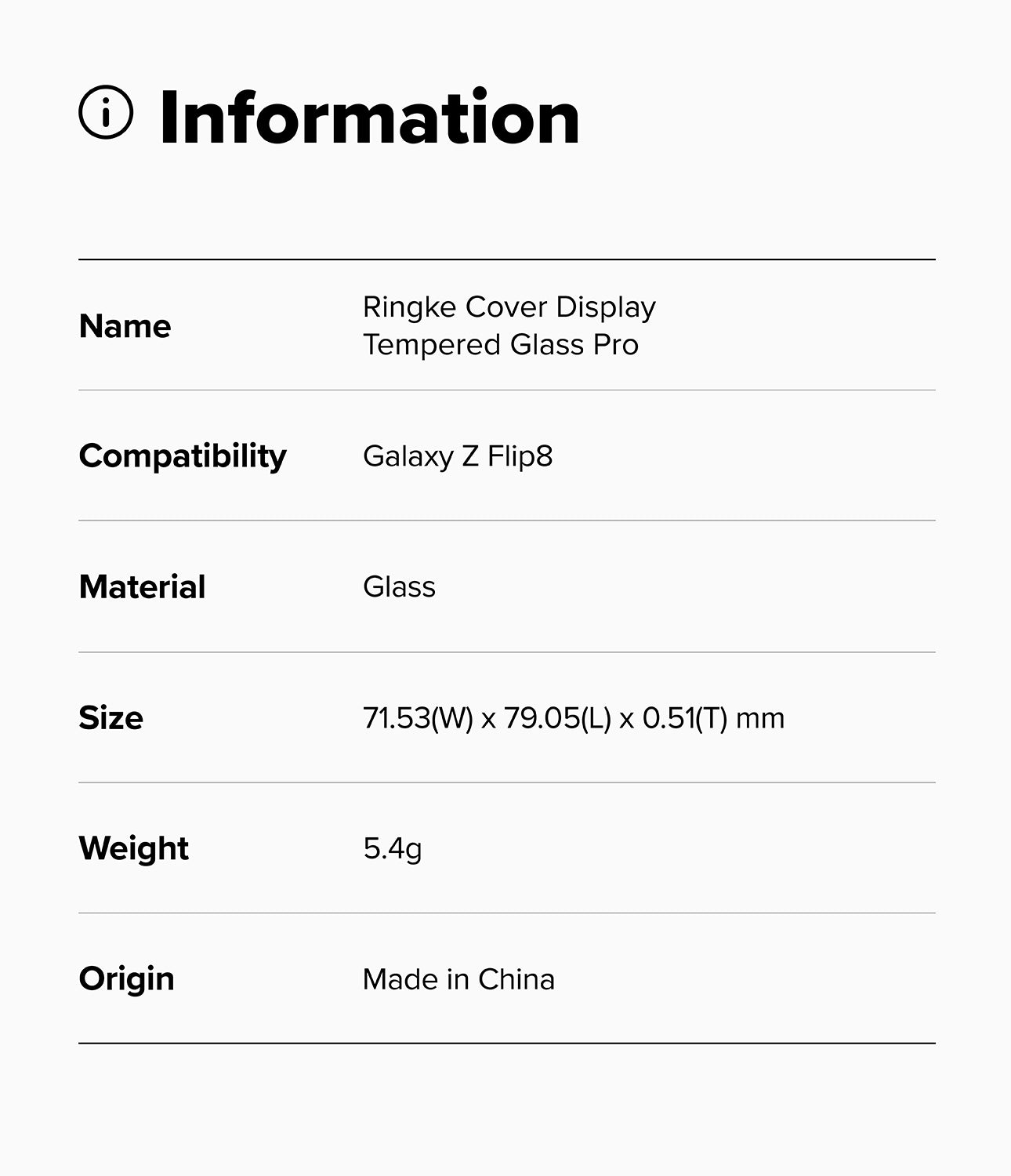 Galaxy Z Flip 8 Screen Protector | Cover Display Tempered Glass Pro (2 Pack) - An information card showing product details for a Ringke Cover Display tempered glass screen protector compatible with a Galaxy Z Flip8.