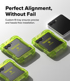 Galaxy Z Flip 8 Screen Protector | Cover Display Tempered Glass Pro (2 Pack) - Three bright translucent lime-green protective phone cases arranged on a light gray background, each holding a black smartphone. A fourth black phone appears at the top right.