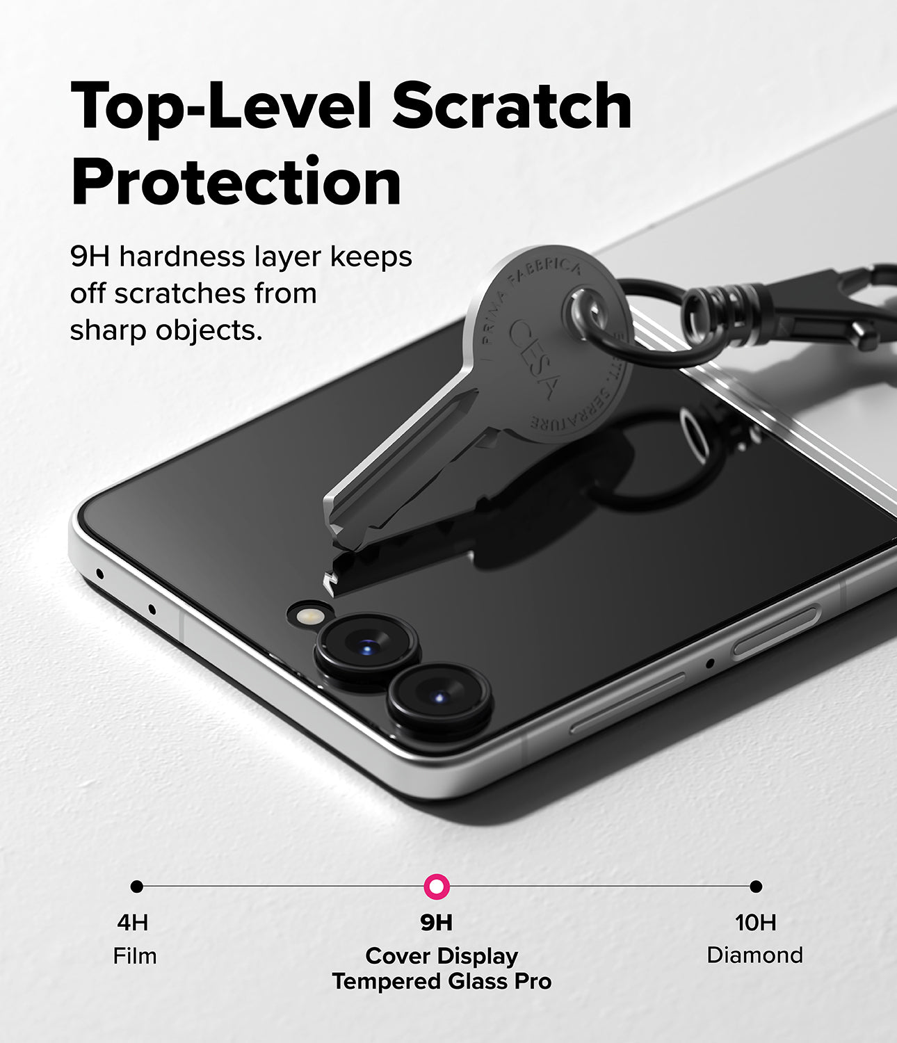 Galaxy Z Flip 8 Screen Protector | Cover Display Tempered Glass Pro (2 Pack) - A smartphone with a dark glass back is shown on a light surface with a key resting on top to demonstrate scratch resistance. Large text reads 'Top-Level Scratch Protection' and smaller text says '9H hardness layer keeps off scratches from sharp objects.