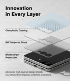 Galaxy Z Flip 8 Screen Protector | Cover Display Tempered Glass Pro (2 Pack) - A promotional graphic showing a smartphone with three transparent protective layers labeled Oleophobic Coating, 9H Tempered Glass, and Shatterproof Protection, plus the headline 'Innovation in Every Layer' on a light gray background.