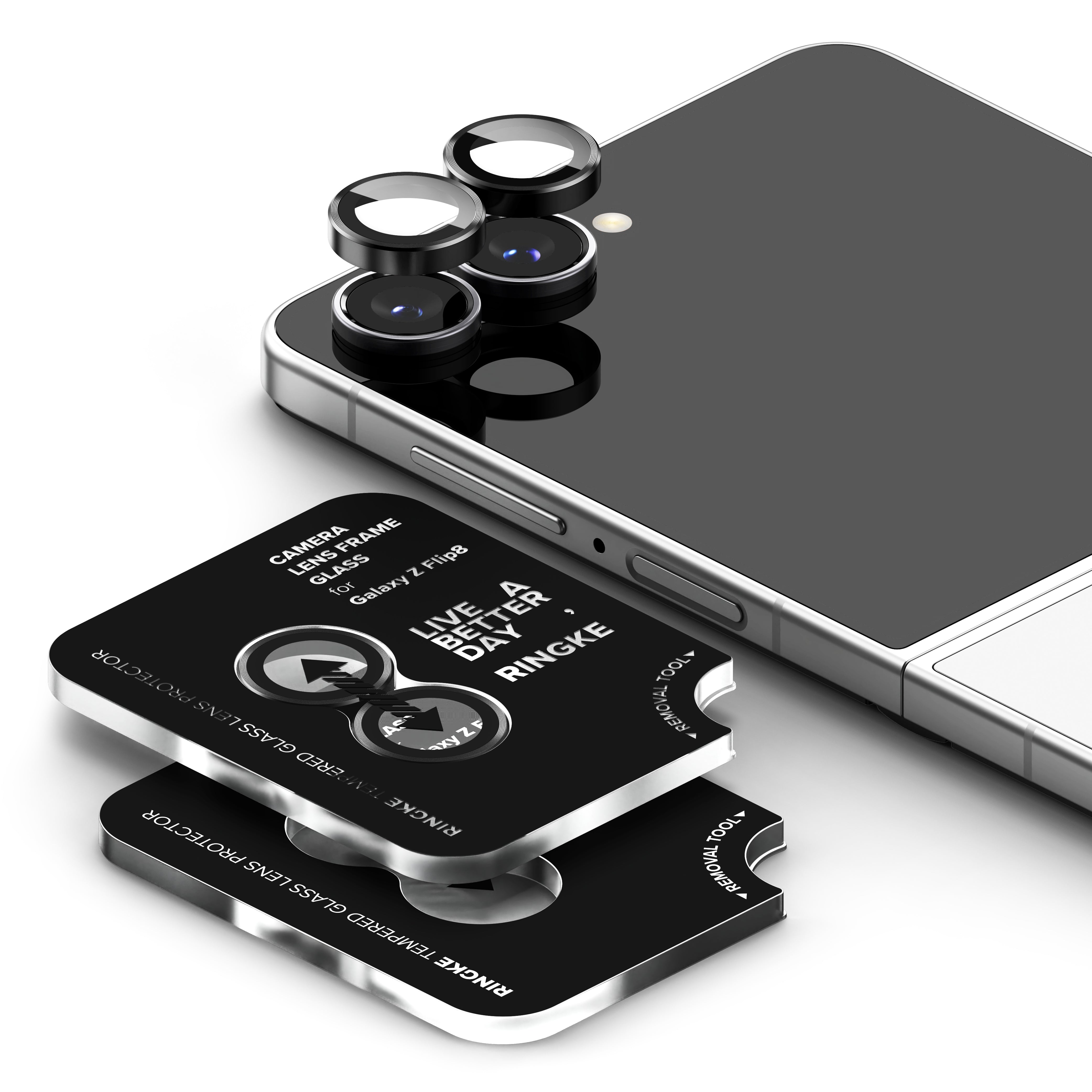 Galaxy Z Flip 8 Camera Protector | Camera Lens Frame Glass (2 Pack) - black camera lens protectors with Ringke intallation tray