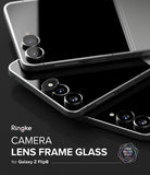 Galaxy Z Flip 8 Camera Protector | Camera Lens Frame Glass (2 Pack) - Camera Lens Frame Glass - Silver smartphone with individual black lens protectors being applied.