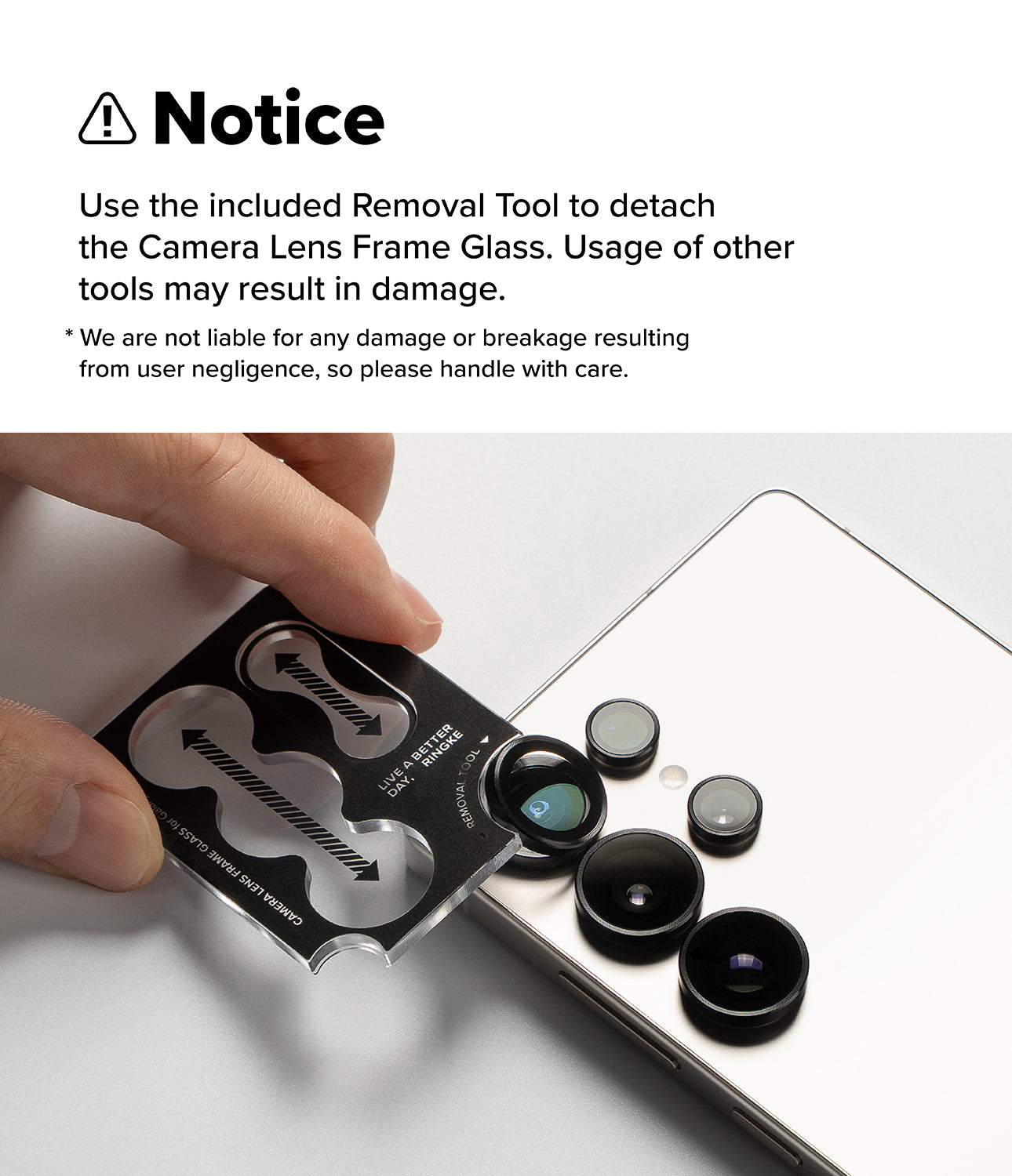 Galaxy Z Flip 8 Camera Protector | Camera Lens Frame Glass (2 Pack) - Removal notice showing how to safely detach a camera lens frame glass using the recommended removal tool.