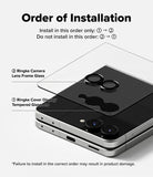 Galaxy Z Flip 8 Camera Protector | Camera Lens Frame Glass (2 Pack) - Installation guide showing the correct order for applying tempered glass and camera lens frame glass protectors on a smartphone.