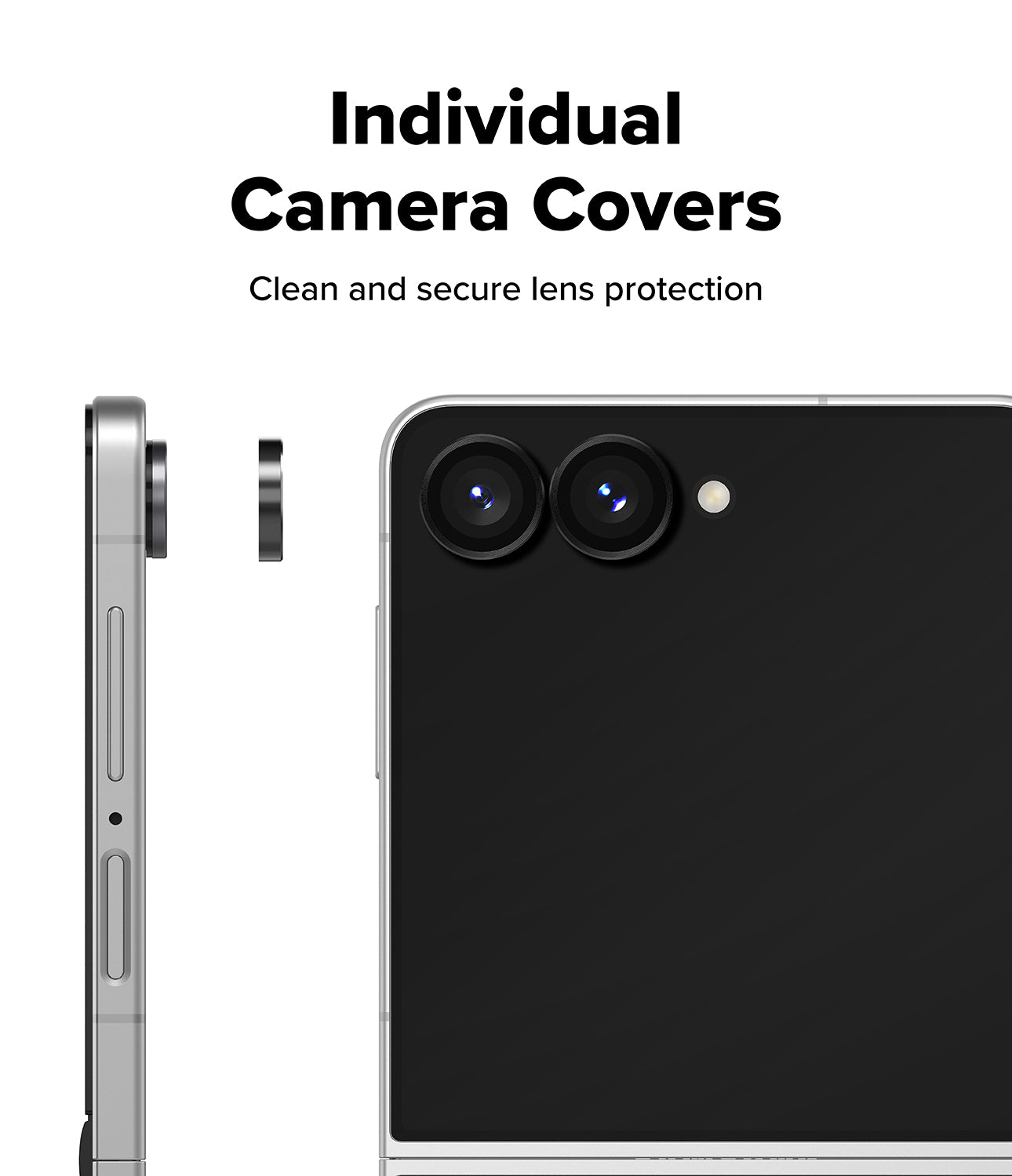 Galaxy Z Flip 8 Camera Protector | Camera Lens Frame Glass (2 Pack) - Individual lens covers shown being applied to a silver smartphone.