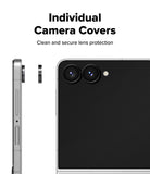 Galaxy Z Flip 8 Camera Protector | Camera Lens Frame Glass (2 Pack) - Individual lens covers shown being applied to a silver smartphone.