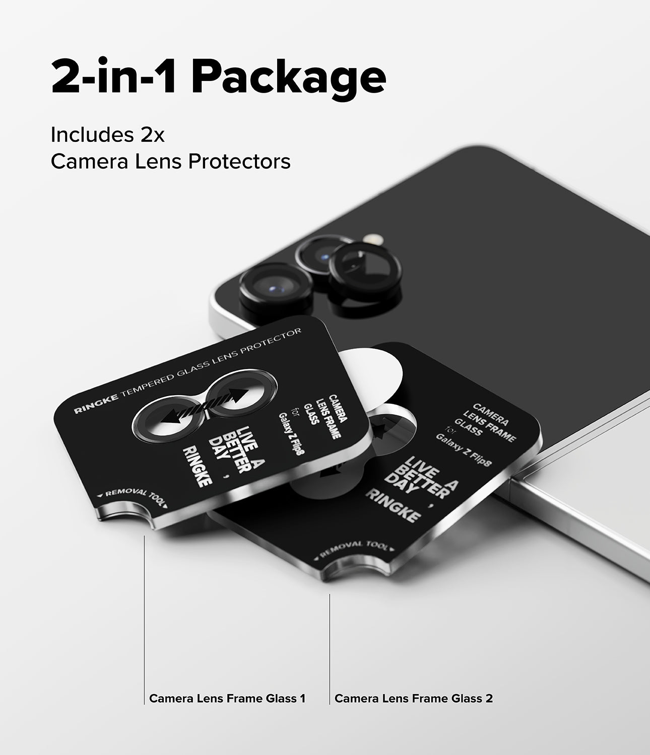 Galaxy Z Flip 8 Camera Protector | Camera Lens Frame Glass (2 Pack) - Two black lens protector sets next to a smartphone with installed lenses.