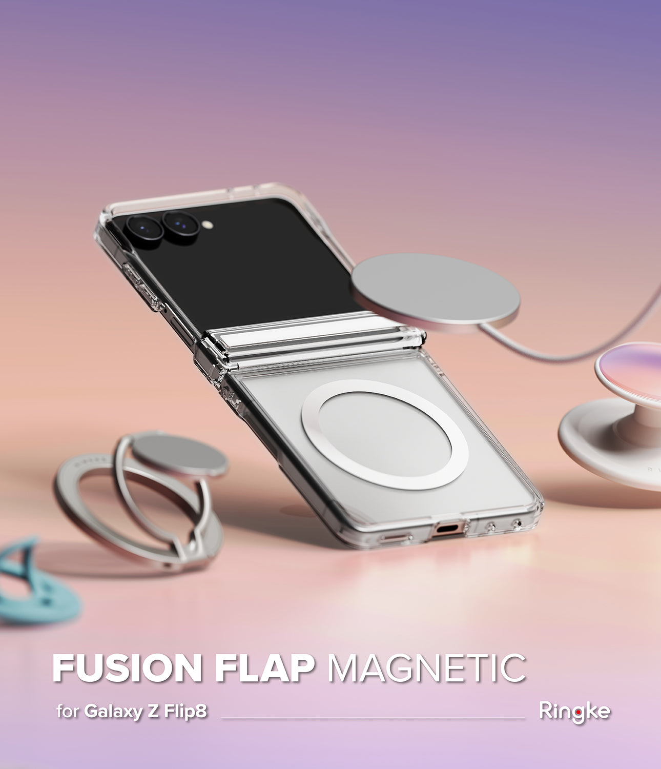 Galaxy Z Flip 8 Case | Fusion Flap Magnetic - A clear magnetic folding phone case shown on a Samsung Galaxy Z Flip 8, with a fold-out ring stand and a circular magnetic pad visible. The background is a soft pink-to-purple gradient with text reading 'FUSION FLAP MAGNETIC for Galaxy Z Flip8 Ringke'.