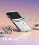 Galaxy Z Flip 8 Case | Fusion Flap Magnetic - A clear magnetic folding phone case shown on a Samsung Galaxy Z Flip 8, with a fold-out ring stand and a circular magnetic pad visible. The background is a soft pink-to-purple gradient with text reading 'FUSION FLAP MAGNETIC for Galaxy Z Flip8 Ringke'.