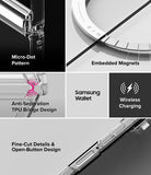 Galaxy Z Flip 8 Case | Fusion Flap Magnetic - A 5-panel feature infographic for a Samsung Galaxy Z Flip 8 Ultra case, highlighting its micro-dot pattern, embedded magnets, anti-separation TPU bridge design, wireless charging compatibility, and fine-cut details.