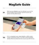 Galaxy Z Flip 8 Case | Fusion Flap Magnetic - A compatibility and usage guide graphic titled 'MagSafe Guide' with text about using a Samsung Wallet and a photo showing hands holding a smartphone near a MagSafe case.