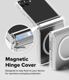 Galaxy Z Flip 8 Case | Fusion Flap Magnetic - Transparent magnetic hinge cover shown on a foldable smartphone, with a circular inset highlighting the magnetic connection and text reading 'Magnetic Hinge Cover' on a light gray background.