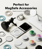 Galaxy Z Flip 8 Case | Fusion Flap Magnetic - A promotional flat lay showing MagSafe accessories arranged around a smartphone on a light neutral background, with text at the top reading 'Perfect for MagSafe Accessories' and a note that MagSafe accessories are sold separately.