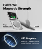Galaxy Z Flip 8 Case | Fusion Flap Magnetic - Promotional graphic for a transparent magnetic phone case with large circular MagSafe rings. The top half shows a smartphone in a clear case with a large silver magnetic ring, labeled 'Powerful Magnetic Strength' and 'Ringke Magnetic case' versus generic 'Others'.