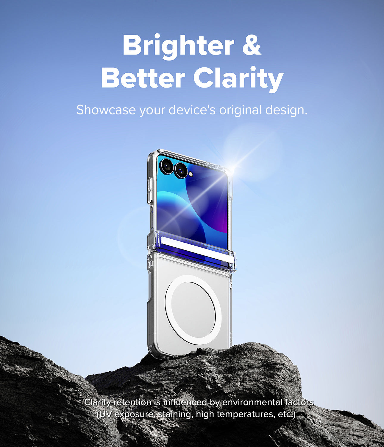 Galaxy Z Flip 8 Case | Fusion Flap Magnetic - A clear magnetic ring case shown on a silver flip phone, standing upright on a rock against a blue sky background. White text at the top reads 'Brighter & Better Clarity' and says to showcase the device's original design.