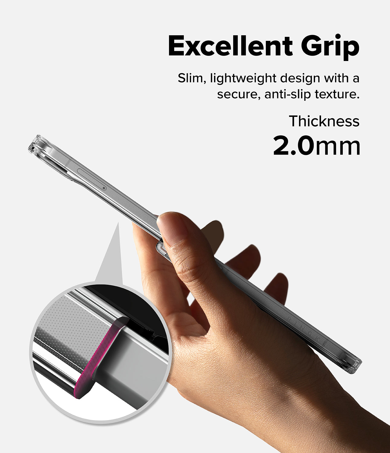 Galaxy Z Flip 8 Case | Fusion Flap Magnetic - A hand holds a slim silver smartphone to demonstrate its thin profile and anti-slip grip, with text reading 'Excellent Grip' and 'Thickness 2.0mm' on a light gray background, plus a circular inset showing a close-up of the edge texture.