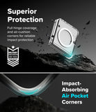 Galaxy Z Flip 8 Case | Fusion Flap Magnetic - Promotional graphic for a smartphone case with text reading 'Superior Protection' and 'Impact-Absorbing Air Pocket Corners.' The image shows a transparent phone case floating above dark rocky terrain, with a glowing cyan air-pocket effect and a military-style badge on the left.