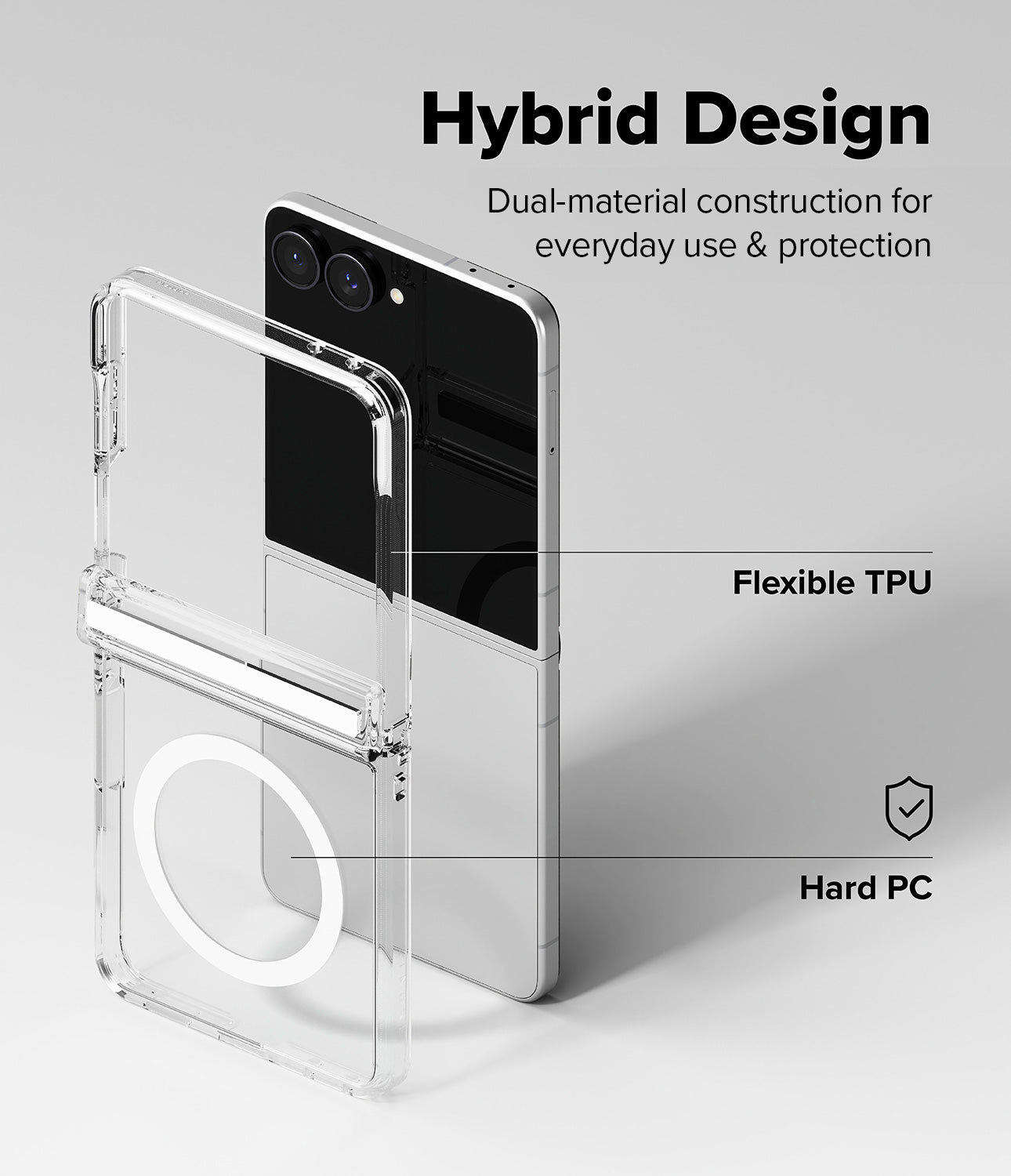 Galaxy Z Flip 8 Case | Fusion Flap Magnetic - Transparent hybrid phone case with a built-in ring light, shown in front of a smartphone on a light gray background with text labels reading 'Hybrid Design', 'Flexible TPU', and 'Hard PC'.