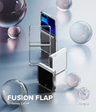 Galaxy Z Flip 8 Case | Fusion Flap - Clear transparent flip case for Samsung Galaxy Z Flip8 shown on a folded phone, with two views of the case standing around the phone on a reflective light blue studio background with floating glass spheres. Text reads 'FUSION FLAP for Galaxy Z Flip8' and 'Ringke' logo appears in the lower right.