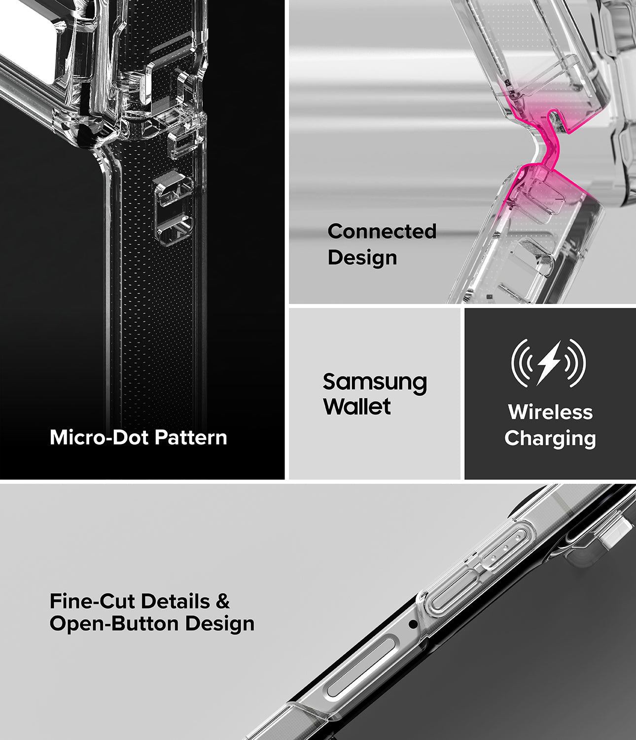 Galaxy Z Flip 8 Case | Fusion Flap - A promotional feature collage for a transparent phone case. The image shows close-up views of the case with text callouts for Micro-Dot Pattern, Connected Design, Samsung Wallet, Wireless Charging, and Fine-Cut Details & Open-Button Design.