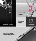 Galaxy Z Flip 8 Case | Fusion Flap - A promotional feature collage for a transparent phone case. The image shows close-up views of the case with text callouts for Micro-Dot Pattern, Connected Design, Samsung Wallet, Wireless Charging, and Fine-Cut Details & Open-Button Design.