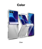 Galaxy Z Flip 8 Case | Fusion Flap - Three views of a clear foldable phone case with a built-in kickstand, shown on a white background with the text 'Color' at the top and 'Clear' at the bottom.