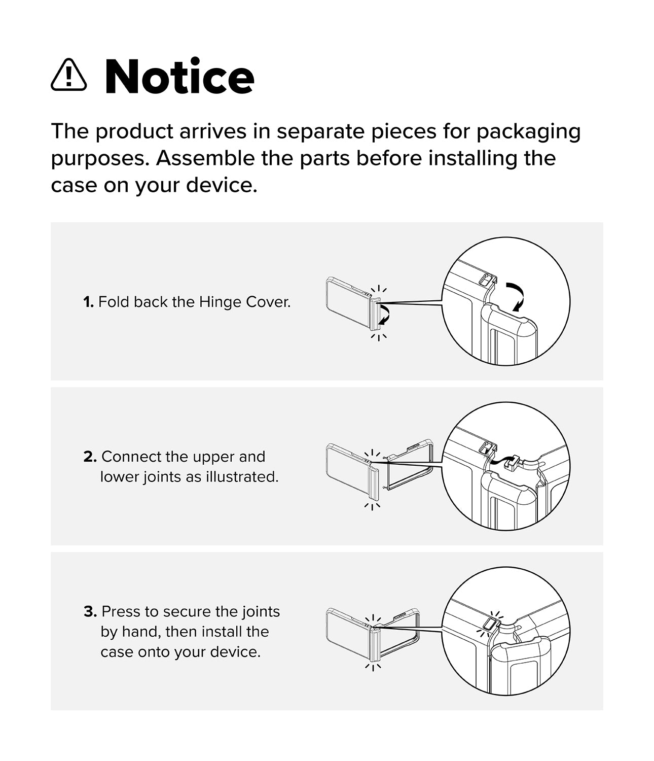 Galaxy Z Flip 8 Case | Fusion Flap - Instruction notice sheet showing three steps for assembling a product case: fold back the hinge cover, connect the upper and lower joints, and press to secure the joints before installing the case on a device.