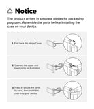 Galaxy Z Flip 8 Case | Fusion Flap - Instruction notice sheet showing three steps for assembling a product case: fold back the hinge cover, connect the upper and lower joints, and press to secure the joints before installing the case on a device.