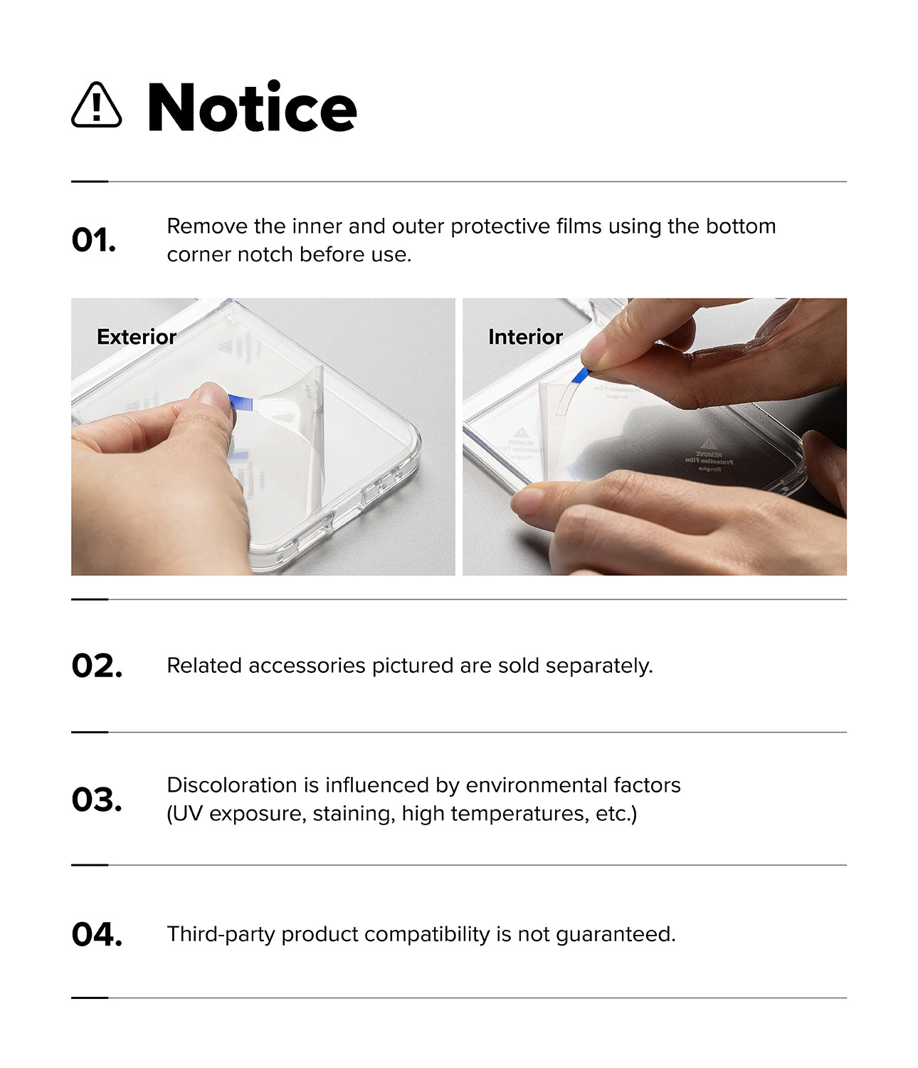 Galaxy Z Flip 8 Case | Fusion Flap - A white instruction sheet with the word 'Notice' and four numbered points. Two small photos show hands applying a clear protective film to the exterior and interior of a smartphone, with text explaining that the inner and outer films should be removed before use and that accessories are sold separately.