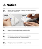 Galaxy Z Flip 8 Case | Fusion Flap - A white instruction sheet with the word 'Notice' and four numbered points. Two small photos show hands applying a clear protective film to the exterior and interior of a smartphone, with text explaining that the inner and outer films should be removed before use and that accessories are sold separately.