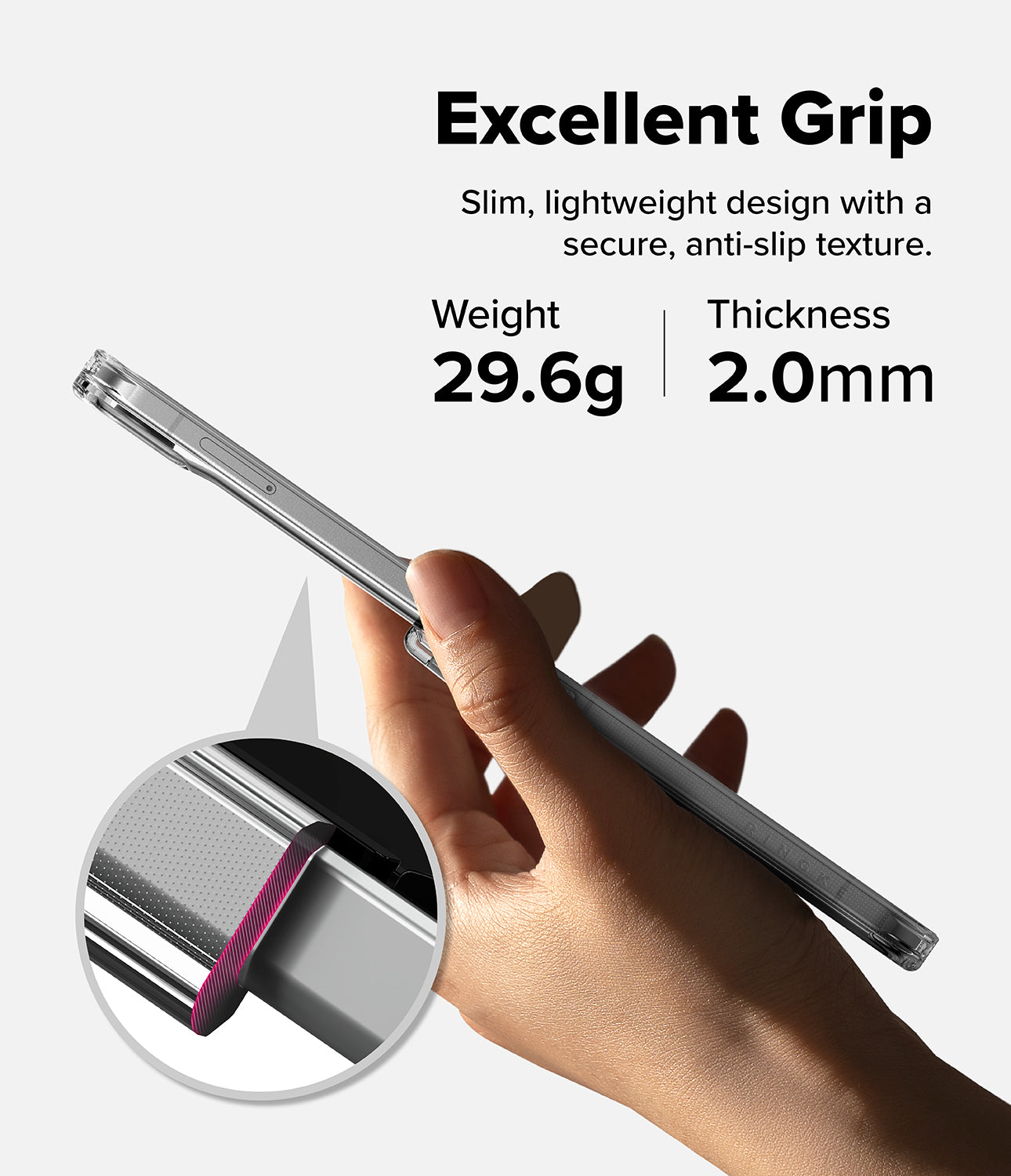 Galaxy Z Flip 8 Case | Fusion Flap - A hand holds a slim silver smartphone to demonstrate its excellent grip and lightweight design. The image includes text stating 'Excellent Grip' and product specifications 'Weight 29.