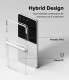Galaxy Z Flip 8 Case | Fusion Flap - Clear hybrid phone case shown with a smartphone on a light gray background, with text reading 'Hybrid Design,' 'Flexible TPU,' and 'Hard PC' to explain the dual-material construction.