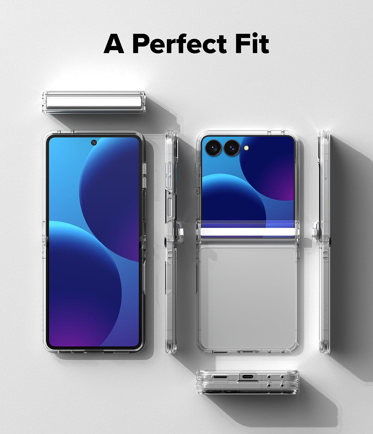 Galaxy Z Flip 8 Case | Fusion Flap - A clear, transparent phone case shown in multiple angles on a smartphone, with the text 'A Perfect Fit' at the top. The phone displays a blue and purple wallpaper, and the case is shown both front and back against a light gray background.